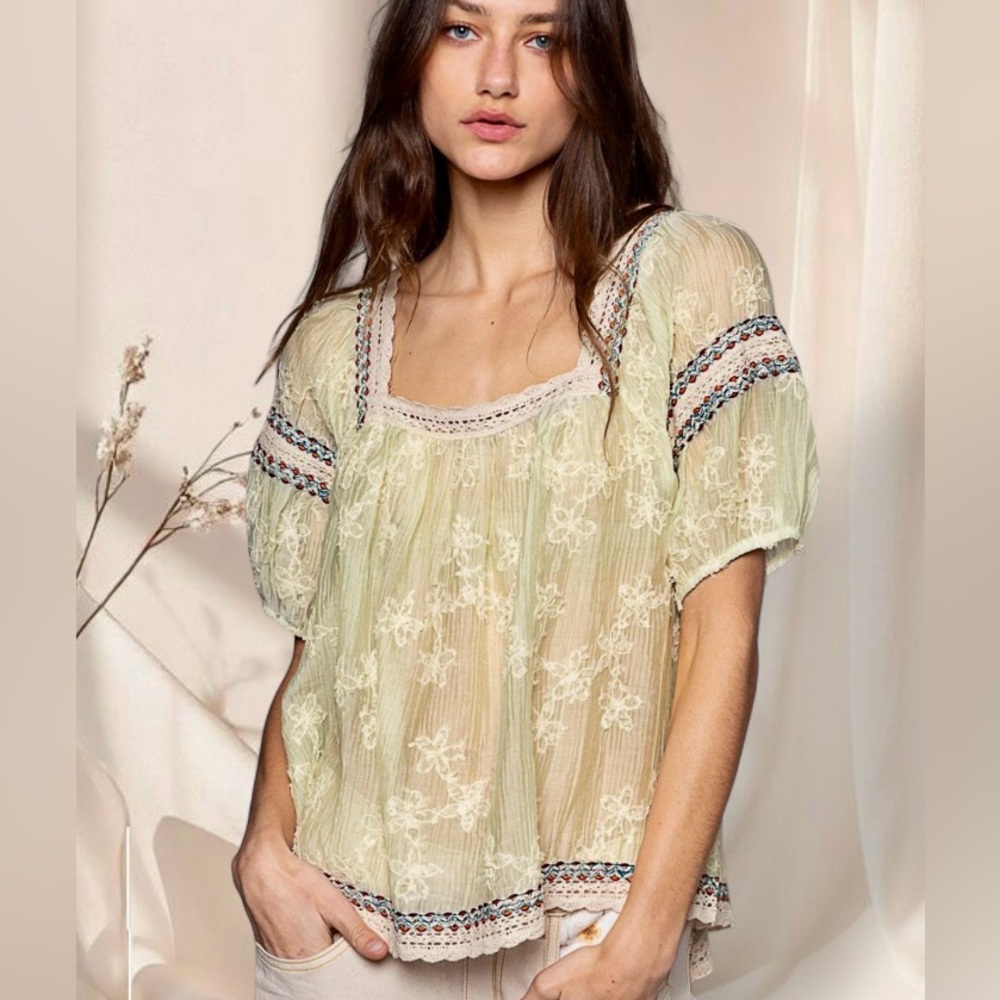 POL Sheer Sage Embroidered Lace Top | Romantic Bohemian Blouse - Picture 5 of 8